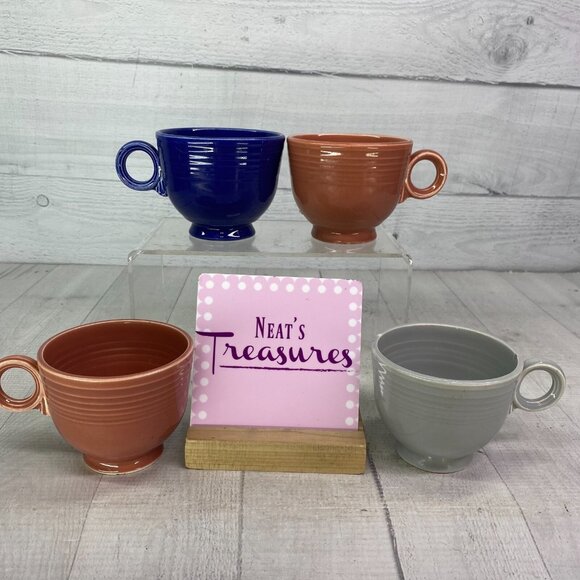 Vintage FIESTAWARE Blue Yellow & Two Pink Ring Handle Tea Coffee 6 oz Cups Set 4 - Picture 1 of 14